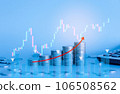 Stack of money coin and calculator with trading graph and chart. Business and finance background with blue filter. 106508562