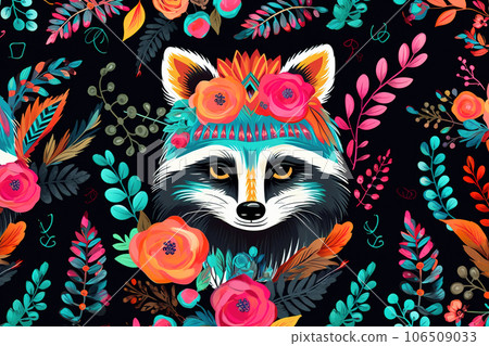 Image of pattern design using racoon and flowers and leaves. Wildlife Animals. Illustration, Generative AI. Image of pattern design using racoon and flowers and leaves. Wildlife Animals. Illustration, Generative AI. 106509033