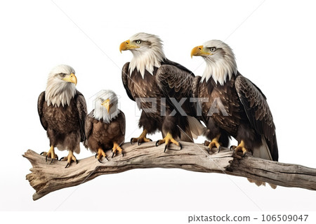 Image of family group of eagles on branches on white background. Birds. Animals. Illustration, Generative AI. Image of family group of eagles on branches on white background. Birds. Animals. Illustration, Generative AI. 106509047