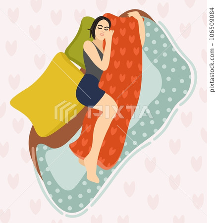 Dakimatura. Sleeping woman hugging pillow. Comfortable sleep concept. Vector illustration. 106509084