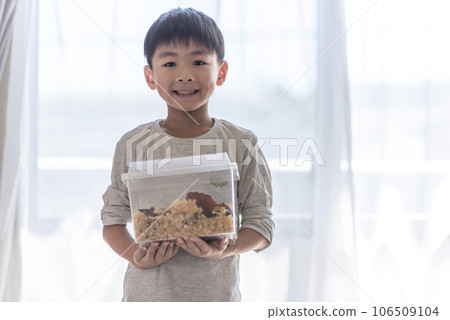6 year old boy with a beetle 6 year old boy with a beetle 106509104