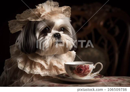 Shih Tzu in front of a teacup 106509786
