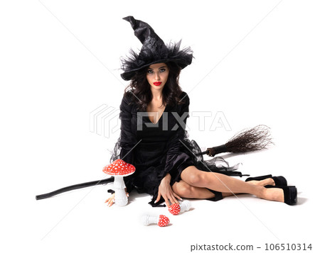 Halloween witch with broom fly agarics 106510314