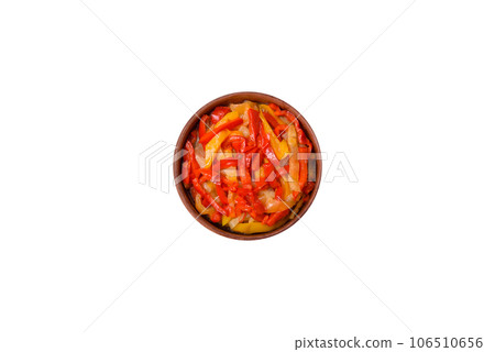 Delicious fresh saute sweet bell pepper slices with onion, salt, spices and herbs 106510656