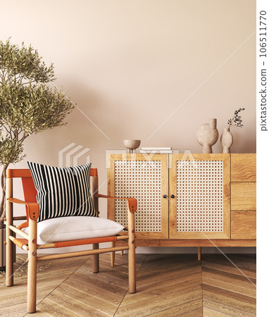 Japanese boho beige interior with armchair and ethnic commode background. Light modern australian livingroom. Mockup empty brown wall. 3d rendering. High quality 3d illustration Japanese boho beige interior with armchair and ethnic commode background. Light modern australian livingroom. Mockup empty brown wall. 3d rendering. High quality 3d illustration 106511770