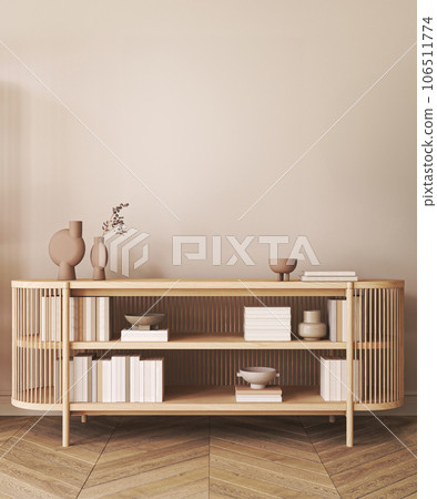 Japanese boho beige interior with shelfs and ethnic commode background. Light modern australian livingroom. Mockup empty brown wall. 3d rendering. High quality 3d illustration 106511774