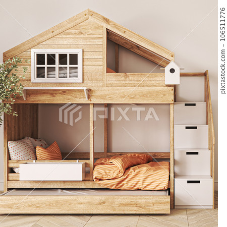 Boho orange colorful lighting interior kids room with bunk bed. Design bedroom scandinavian style. 3d rendering. High quality 3d illustration 106511776