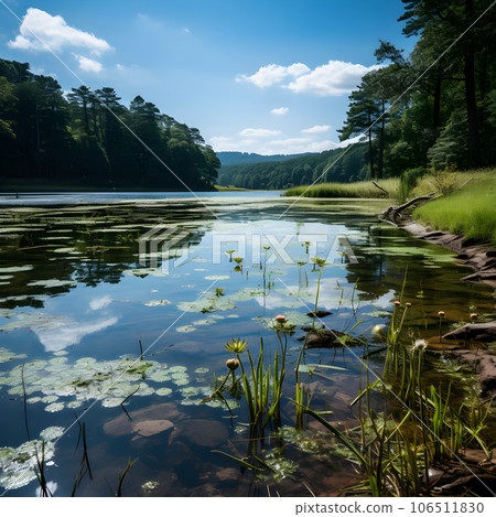 Landscape of lake and forest on a sunny day, Poland. Landscape of lake and forest on a sunny day, Poland. 106511830