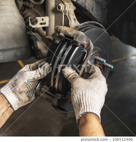 Auto mechanic installed new brake pads and disc for the brake system of a passenger car 106512406