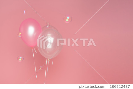 Three balloon on pink banner background. Happy birthday, celebration event and holiday background Three balloon on pink banner background. Happy birthday, celebration event and holiday background 106512487