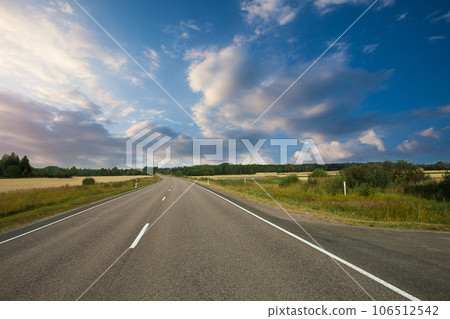 Fields, trees and road with blue sky and clouds. Sun day. 106512542