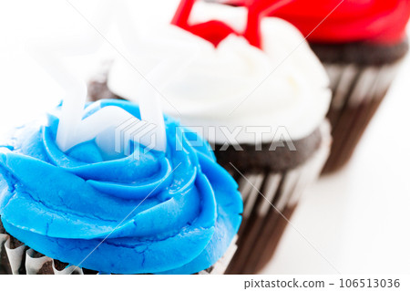 Patriotic holiday cupcakes decorated with stars. Patriotic holiday cupcakes decorated with stars. 106513036