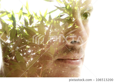 A man's double exposure portrait disappearing into white background A man's double exposure portrait disappearing into white background 106513200