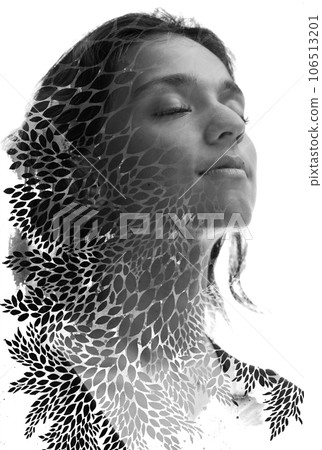 A desaturated paintography portrait of a young woman against white background 106513201