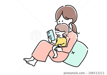 一名婦女抱著孩子一起看智能手機的插圖 一名婦女抱著孩子一起看智能手機的插圖 106513211