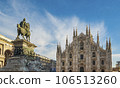 Vittorio Emanuele II statue and entrance facade of Milan Cathedral 106513260