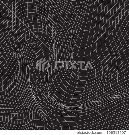 Distorted white grid on black background. Waved mesh texture. . Vector illustration 106513307