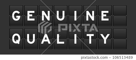 Black color analog flip board with word genuine quality on gray background 106513489