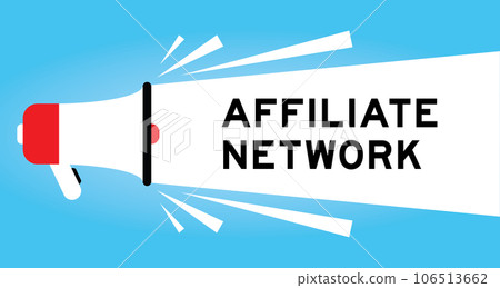 Color megaphone icon with word affiliate network in white banner on blue background 106513662