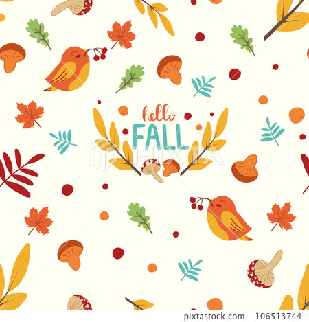 Seamless pattern with leaves, birds, mushrooms in Orange, Beige and Yellow colors. Perfect for wallpaper, gift paper, pattern fills, web page background, autumn greeting cards. Pattern in swatches. 106513744