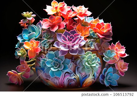 Colorful neon exotic flowers in flowerpot on black background. Generative AI Colorful neon exotic flowers in flowerpot on black background. Generative AI 106513792