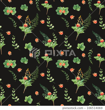 Seamless watercolor pattern with cloudberry leaves and berries, fern, green branches, yellow wildflowers. Botanical summer hand drawn illustration. Can be used for gift wrapping paper, kitchen textile Seamless watercolor pattern with cloudberry leaves and berries, fern, green branches, yellow wildflowers. Botanical summer hand drawn illustration. Can be used for gift wrapping paper, kitchen textile 106514069