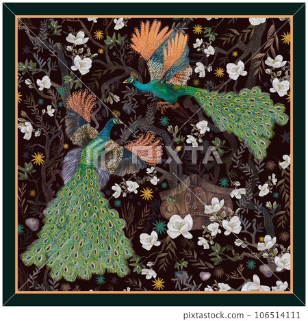 Model of a headscarf with peacocks and flowers. Mixed media watercolor and digital. For scarf printing 106514111