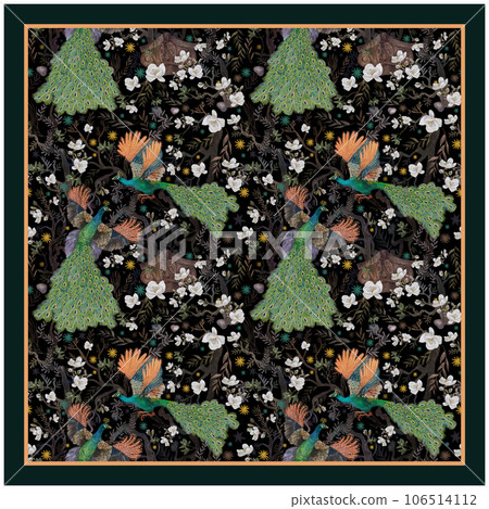 Model of a headscarf with peacocks and flowers. Mixed media watercolor and digital. For scarf printing Model of a headscarf with peacocks and flowers. Mixed media watercolor and digital. For scarf printing 106514112