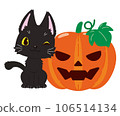 A cute black cat rubbing on a jack-o-lantern 106514134