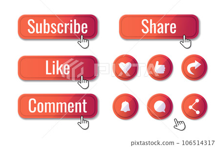 Social media buttons set such as subscribe, like, comment, share. Heart, thumbs up, arrow, bell icons. Vector illustration in simple style. Social media buttons set such as subscribe, like, comment, share. Heart, thumbs up, arrow, bell icons. Vector illustration in simple style. 106514317