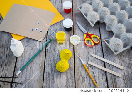 Step by step diy process. Step 4- using a brush and gouache, we paint the figure. Creativity, crafting. Zero waste concept. 106514340