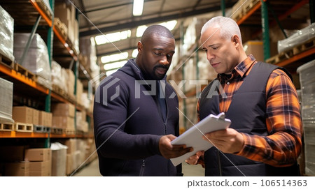 Two middle-aged men stand in a warehouse with papers and discuss statements for the availability of goods. 106514363