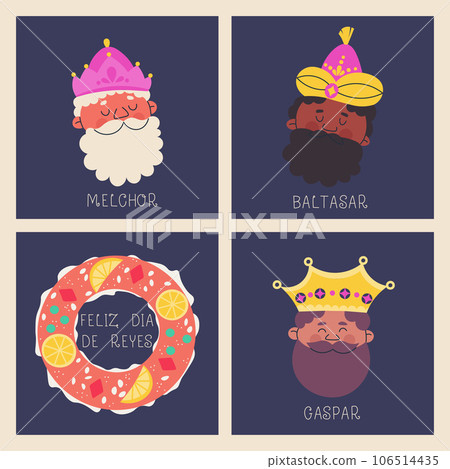 A set of postcards for the day of the Epiphany or the day of the Magic Kings. Traditional Spanish dessert roscon de reyes and three kings Melchor, Gaspar and Balthazar. Vector illustration for design. A set of postcards for the day of the Epiphany or the day of the Magic Kings. Traditional Spanish dessert roscon de reyes and three kings Melchor, Gaspar and Balthazar. Vector illustration for design. 106514435