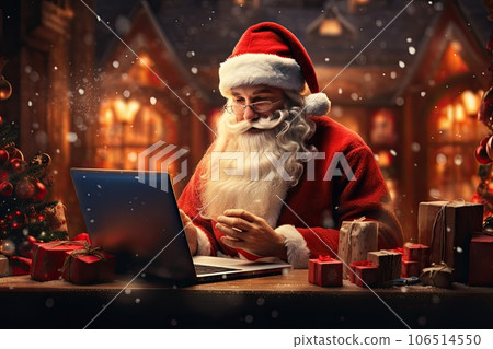 Santa Claus sits in the warehouse of his factory in front of laptop monitor. Santa Claus sits in the warehouse of his factory in front of laptop monitor. 106514550