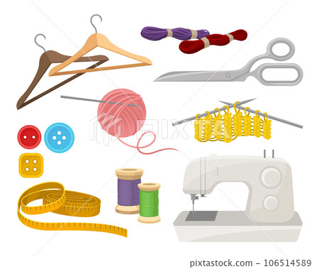 Flat vector set of objects related to sewing and knitting theme. Dressmaking instruments and materials Flat vector set of objects related to sewing and knitting theme. Dressmaking instruments and materials 106514589