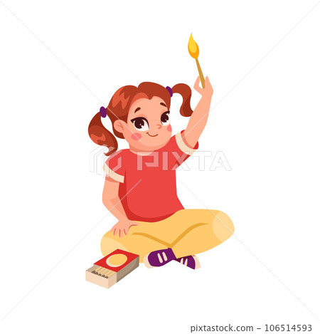 Little Girl in Dangerous Situation with Matches on Fire Being Unsafe Vector Illustration 106514593