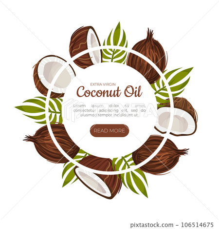 Coconut Oil Web Banner Design with Palm Leaf and Nut Shell Vector Template 106514675