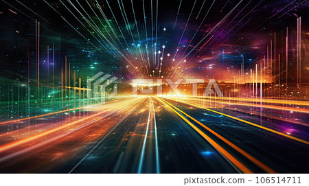Digital data flow road. Cyber global communication. Speed information transfer. Neon Fluorescent Lights Background Digital data flow road. Cyber global communication. Speed information transfer. Neon Fluorescent Lights Background 106514711