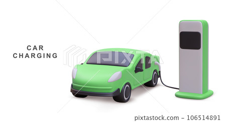 3d realistic Electric car on charging station. Home charger station, battery charging. Vector illustration. 3d realistic Electric car on charging station. Home charger station, battery charging. Vector illustration. 106514891
