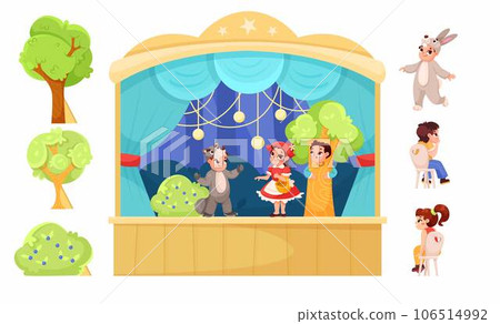 Children in Theater Play Performance Wearing Costumes Performing on Stage Vector Illustration Children in Theater Play Performance Wearing Costumes Performing on Stage Vector Illustration 106514992