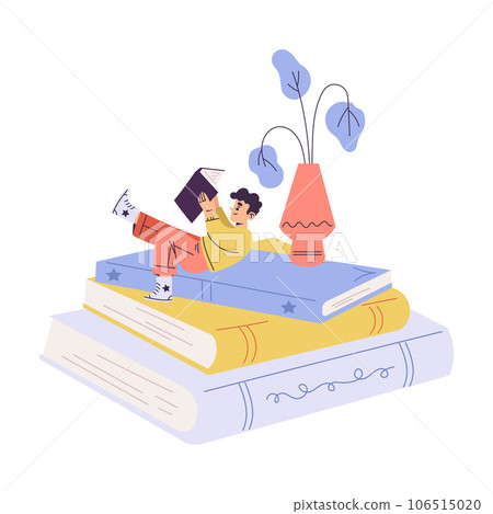 Little Boy with Open Book Lying on Huge Book Reading Interested with Story Vector Illustration 106515020