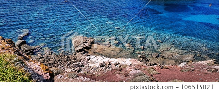 Rocky Coast of the Mediterranean Sea landscape. Sunny summer day background. Blue marine colour water, natural beauty of island 106515021