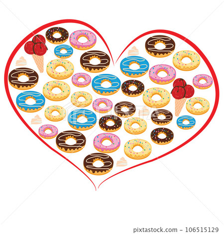 Doughnuts and icecream arranged in red heart shape Doughnuts and icecream arranged in red heart shape 106515129