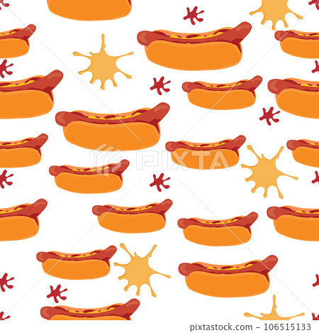 Seamless hot dog pattern with spots of mustard and ketchup on white background 106515133