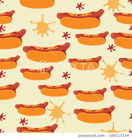 Seamless hot dog pattern with spots of mustard and ketchup 106515134