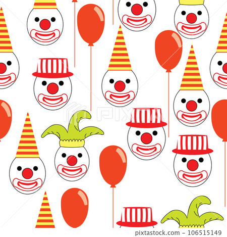 Seamless pattern with round clown faces with hats and baloons 106515149