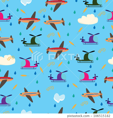 Kids seamless vector pattern with airplanes and helicopters on blue background 106515182