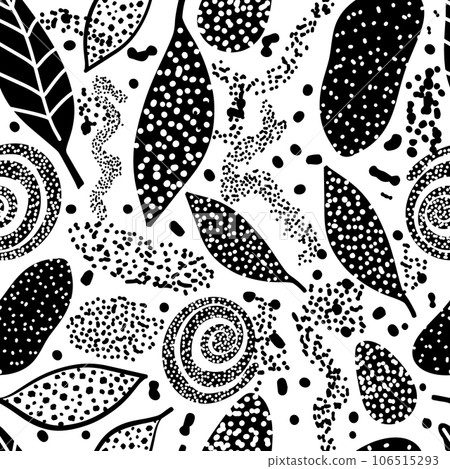 Monochrome abstract seamless background with leaves and dots. Vector illustration Monochrome abstract seamless background with leaves and dots. Vector illustration 106515293