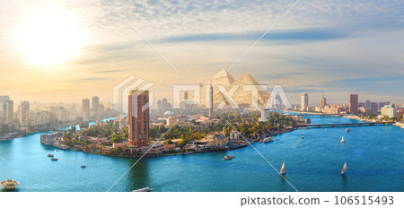 Panoramic scenery of Gezira island and the Pyramids of Cairo, Egypt Panoramic scenery of Gezira island and the Pyramids of Cairo, Egypt 106515493