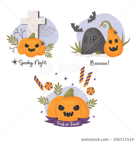 Cool Halloween cards. Cute pumpkin lantern jack, cemetery with cross, tombstone with bats and sweet candies. Vector illustration in cartoon style. Isolated festive horror characters on white. 106515524